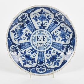 English Delftware Tin Glazed Earthenware Plate, Bristol, Dated 1728