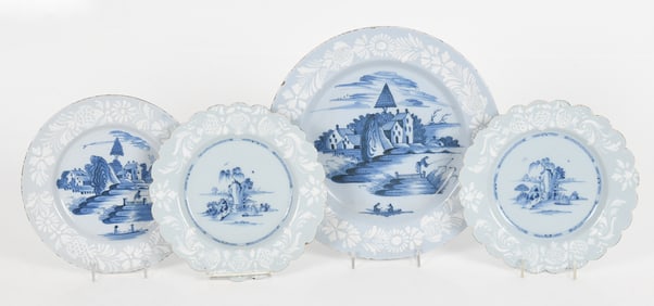 Four Pieces of English Delftware Tin Glazed Bianco Sopra Bianco, 18th Century