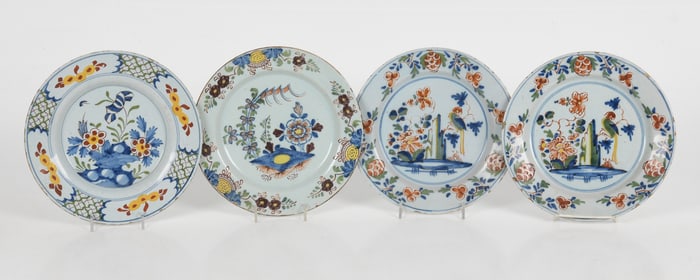 Four English Delftware Tin Glazed Polychrome Decorated Plates, Mid 18th Century