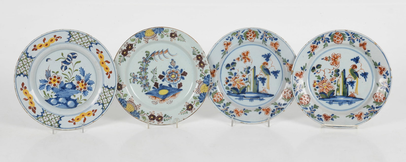 Four English Delftware Tin Glazed Polychrome Decorated Plates, Mid 18th Century (1 of 12)
