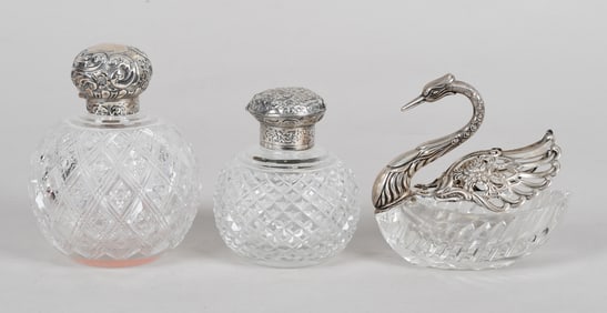 Two Silver and Glass Dresser Jars and a Master Salt