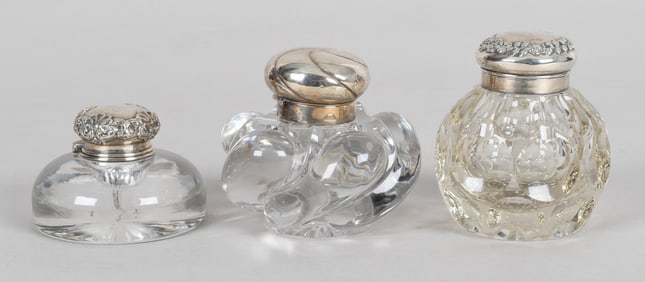 Three Glass and Sterling Silver Inkwells