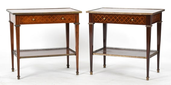Pair of Louis XVI Style Bronze Mounted Parquetry Inlaid Rosewood Side Tables