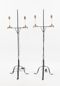 Pair of Wrought Iron and Brass Adjustable Candleholders/ Floor Lamps