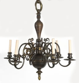 Dutch Baroque Style Brass Six Light Chandelier, 20th Century