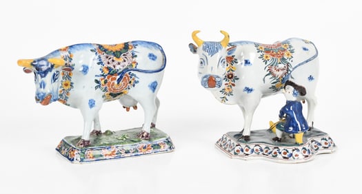 Two Delft Tin Glazed Polychrome Decorated Earthenware Cows, 18th Century