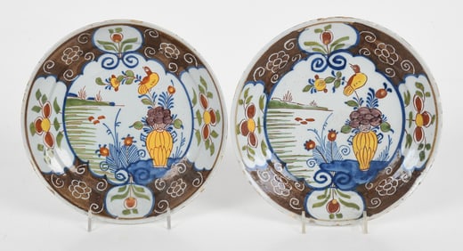 Pair of Delft Tin Glazed Manganese and Polychrome Decorated Plates