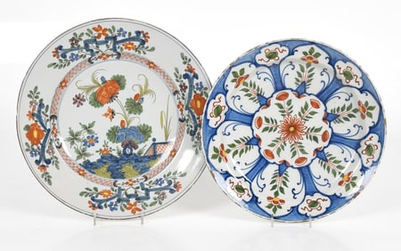 Two Delftware Tin Glazed Polychrome Decorated Chargers, 18th Century