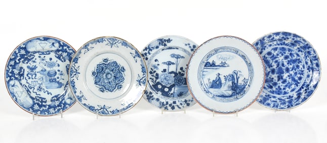 Five Delftware Tin Glazed Earthenware Plates, 18th Century
