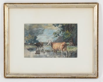 American School (20th Century) Cattle at Watering Hole, Watercolor on Paper
