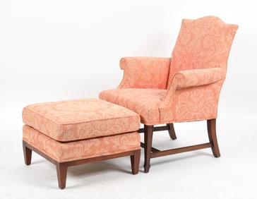 George III Style Carved Mahogany and Fully Upholstered Bergere and Ottoman