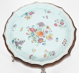 Chinese Export Famille Rose Porcelain Tray on Stand, 18th Century; Stand Later