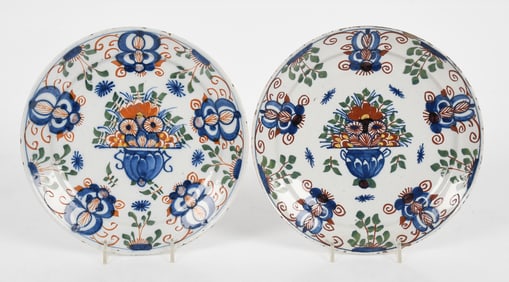 Matched Pair of Delft Tin Glazed Polychrome 'Peacock' Plates, 18th Century