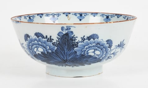 English Delftware Tin Glazed Earthenware Punch Bowl, 18th Century