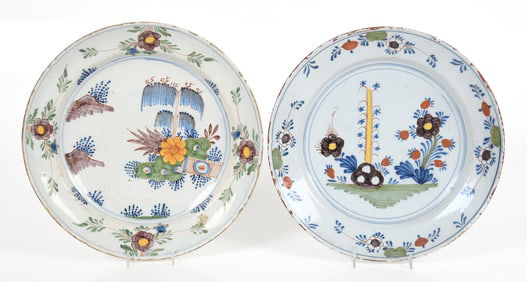 Two Delftware Tin Glazed Polychrome Decorated Chargers, 18th Century