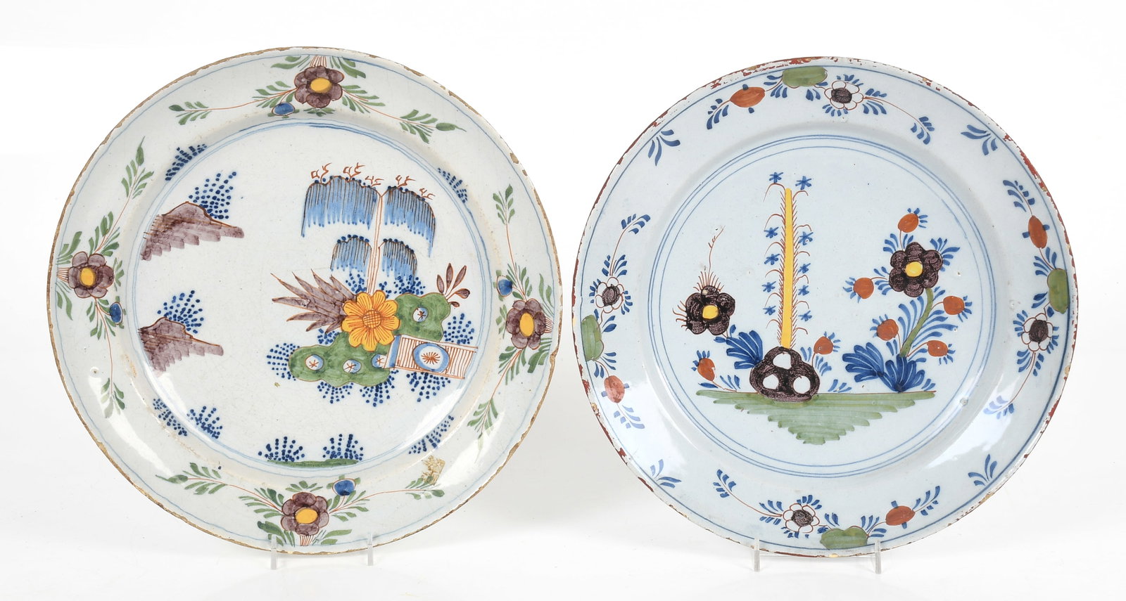 Two Delftware Tin Glazed Polychrome Decorated Chargers, 18th Century (1 of 15)