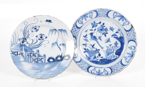 Two Delftware Tin Glazed Decorated Earthenware Chargers, Mid 18th Century