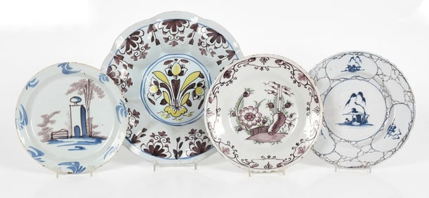 Four Pieces of Delftware Tin Glazed and Manganese Decorated Earthenware