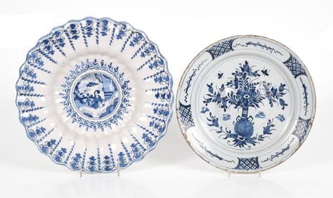 Two Delftware Tin Glazed Decorated Earthenware Chargers, Mid 18th Century