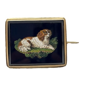 Antique 15K Micro Mosaic Dog Locket Pin