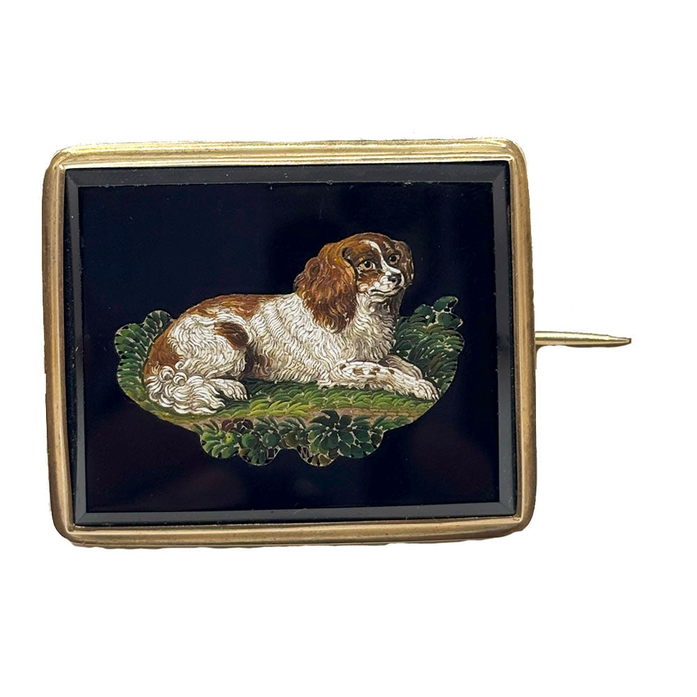 Antique 15K Micro Mosaic Dog Locket Pin: Antique Victorian 15K yellow gold micro mosaic King Charles Spaniel dog with a locket on the back with hair and the initials W & E. Measures 1.75 inches x 1.5 inches. Marked 15K, Gross weight 17.8 dwt