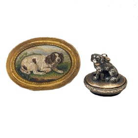 Two piece lot Micro Mosaic Dog Fob and Plaque.
