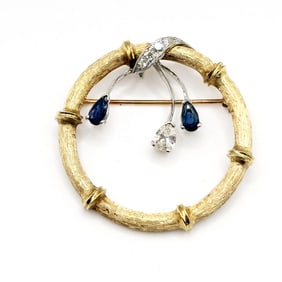 14K Gold Sapphire and Diamond Brooch / Pin