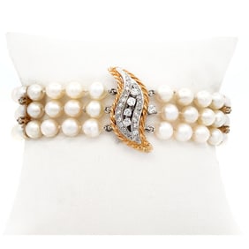 c1960 Three Strand Diamond Pearl Bracelet