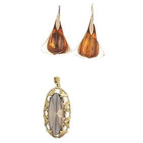14K Russian Amber Earrings and 14K Quartz Pendant