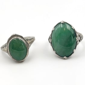 Two Antique 18K white gold Jade Filigree Rings