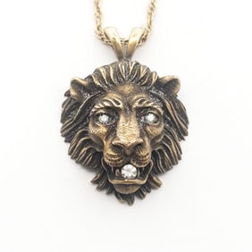 14K Signed Baum F Lion Head Diamond Necklace