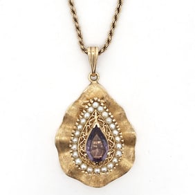 14K Amethyst Pearl Locket Necklace