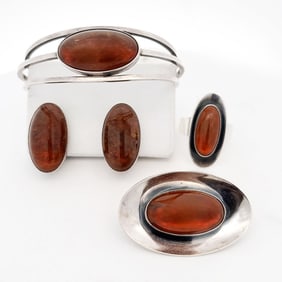 Four Piece N.E. From Denmark Amber Jewelry Suite Lot
