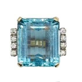 Vintage 14K 16.00ct Aquamarine & Diamond Ring