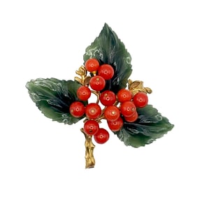 14K Carved nephrite jade and coral brooch/ pin