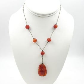 Circa 1930 Chinese 14K Carved Red Jade Necklace