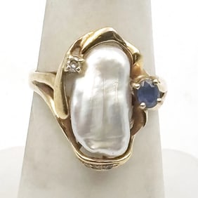 14K Freshwater Pearl, Diamond Sapphire Ring