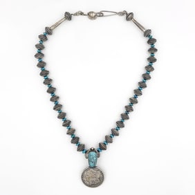 Vintage Navajo Silver coin Turquoise Squash Blossom Necklace