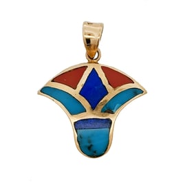 18K Egyptian Lotus Flower Inlaid stone Pendant