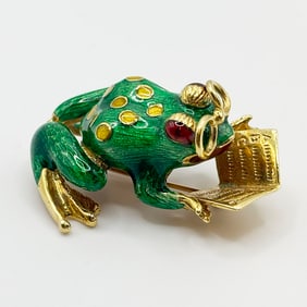 18K Gold Enamel Frog Pin / Brooch