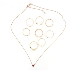Grouping 18K - 14K Ruby and Pink Sapphire Rings Necklace