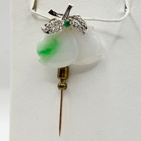14K Carved Jade Diamond Emerald Stick Pin