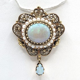 14K Gold Opal and Pearl Pin or Pendant