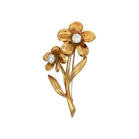 18K Gold Double Flower Diamond Pin Brooch