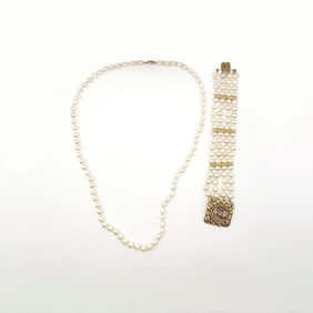 18K Miniature Portrait & Pearl Bracelet & Necklace