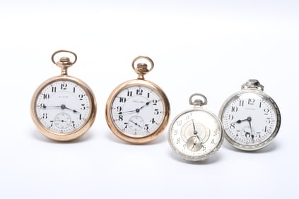 Four Pocket Watches, Waltham, Elgin, and Hamilton