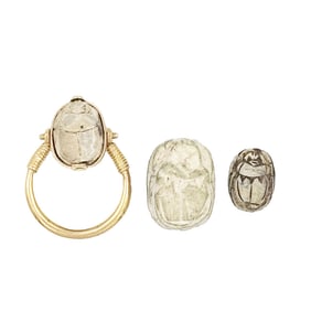 18K Ancient Carved Scarab Faience Stone Ring