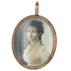 Large Antique Hand-Painted Portrait Miniature Pendant