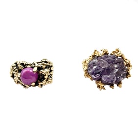 Two 14K yellow gold circa 1970 Brutalist rings