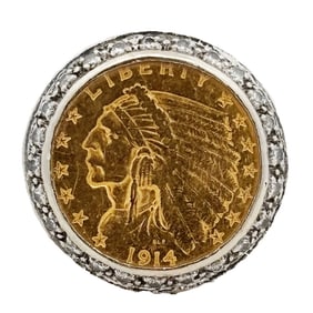 14K 1914 2.50 Dollar Gold Coin and Diamond Ring